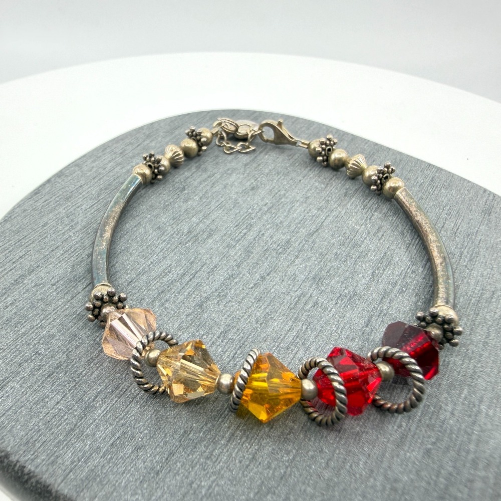 Gradient Crystal Statement Bracelet Warm Ombre Beaded Boho Silver Tone Jewelry